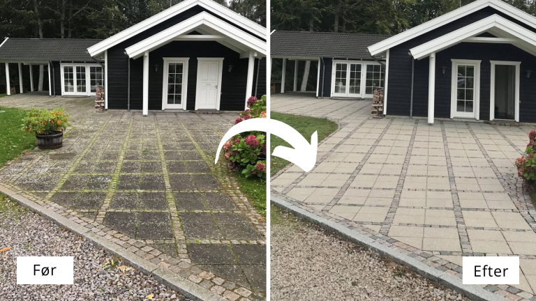 Før og efter fliserens på rådhusbelægning