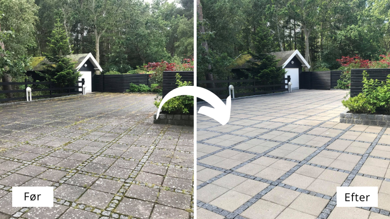 Før og efter fliserens på rådhusbelægning